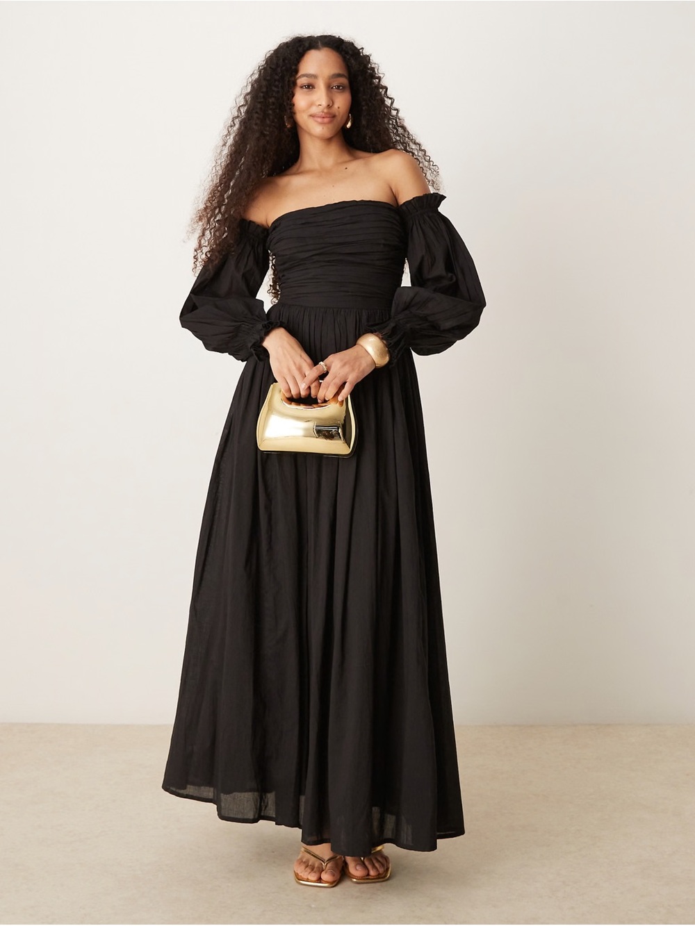 Lace & Beads bardot balloon sleeve cotton maxi dress
